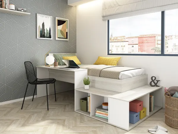 Vente-unique - RIGALI Bett Holz, Platte BeigeWeiß - B 128,8 cm x H 100,5 cm x L 204,4 cm233,2 cm