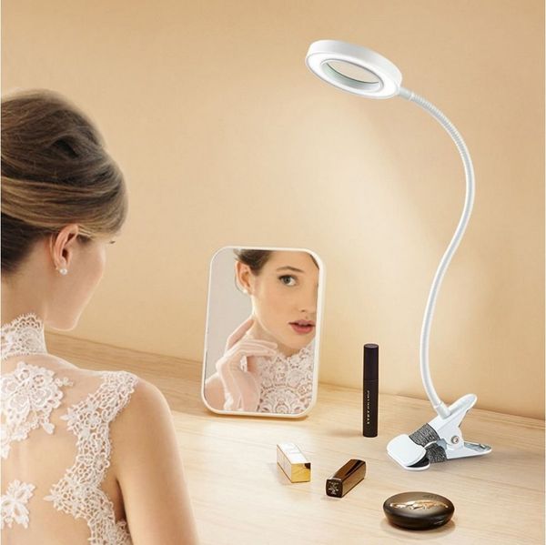 VIVIHEYDAY Klemmleuchte LED Lupenleuchte Klemmleuchte Ringlicht, Clip-On, dimmbar, für Schlafzimmer Kopfteil Büro Schreibtisch, flexibler Schwanenhals, USB