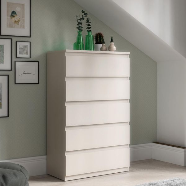 Forte LISSON Kommode 70 80, modern-minimalistischer Kommodenschrank mit 5 Schubladen, Holzwerkstoff, Kaschmir Beige, 77,2 cm breit x 128 cm hoch x 42,2 cm tief