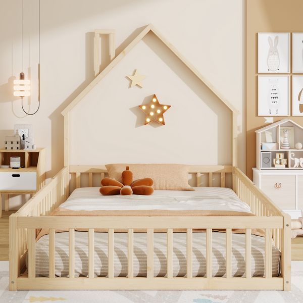 Bett Hausbett 140x190 cm mit Schornstein-Design, Sicherheitsgitter, mit Lattenrost, ohne Matratze