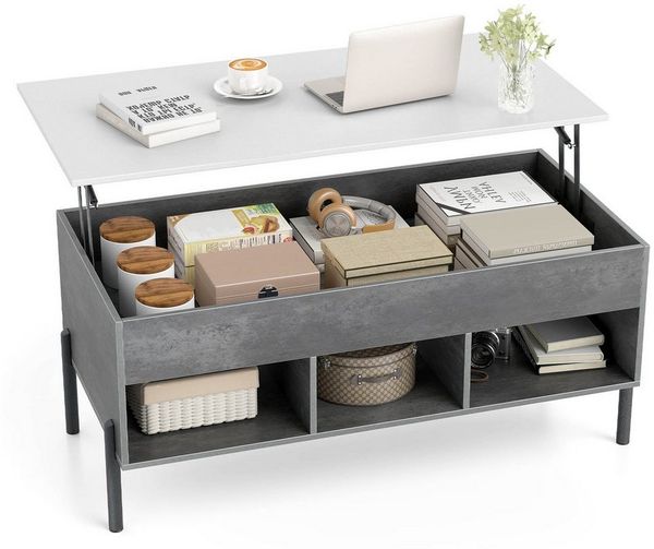 COSTWAY Couchtisch, höhenverstellbar, anhebbar, mit Stauraum & Fächern, Holz
