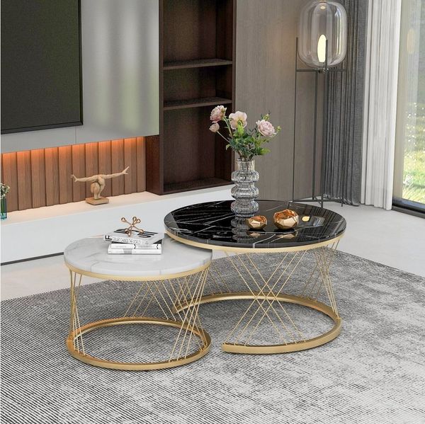 REDOM Couchtisch mit Hochglänzendem Marmormuster (mit Visueller Tiefe, 2-St, 70x70x37 cm), MDF + Furnier