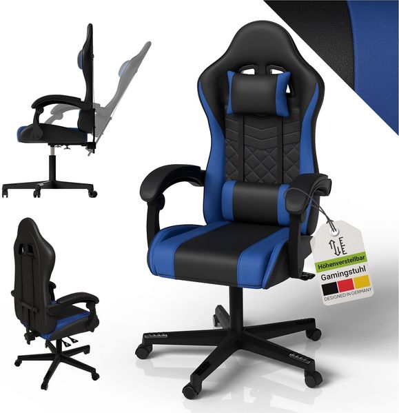 Juskys Gamingstuhl HyperSeat, verstellbare Rückenlehne, höhenverstellbarer Drehstuhl, Kunstleder, ergonomisch, für Büro & Gaming Setup – Schwarz/blau