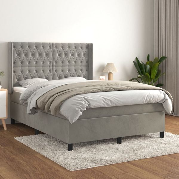 vidaXL Boxspringbett mit Matratze Hellgrau 140x190 cm Samt 3132855
