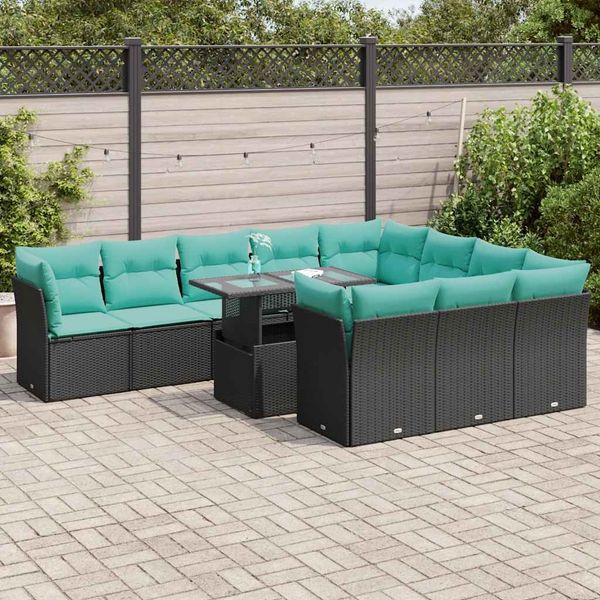 vidaXL 11-tlg. Garten-Sofagarnitur mit Kissen Schwarz Poly Rattan 3326228