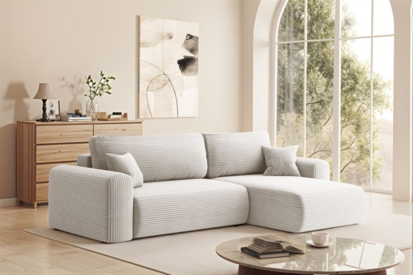 Ecksofa Schlafsofa FLORA Stoff Poso Altweiss Ottomane Rechts