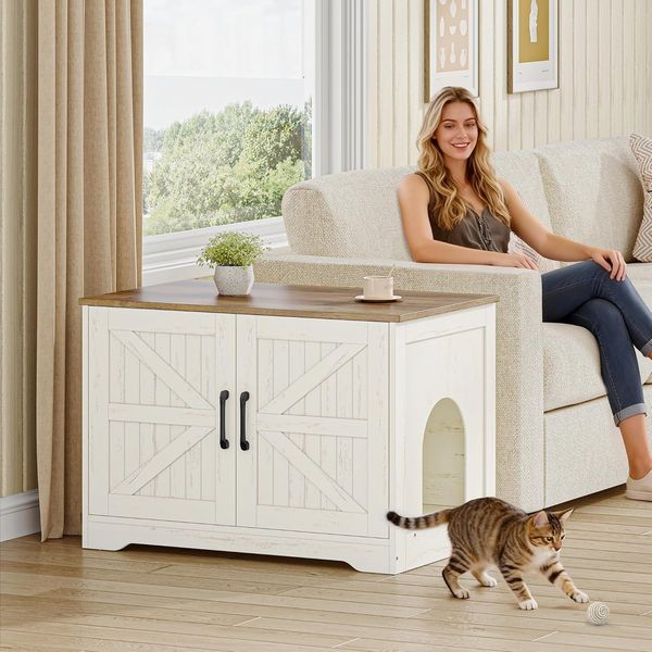 Katzenklo Schrank, Katzenklo Versteckt Schrank Möbel, Katzenhaus Holz, Katzenschrank Beistelltisch mit Seiteneingang, Bauernhausstil, für Wohnzimmer, 80 x 50 x 55 cm, Braun und Weiß