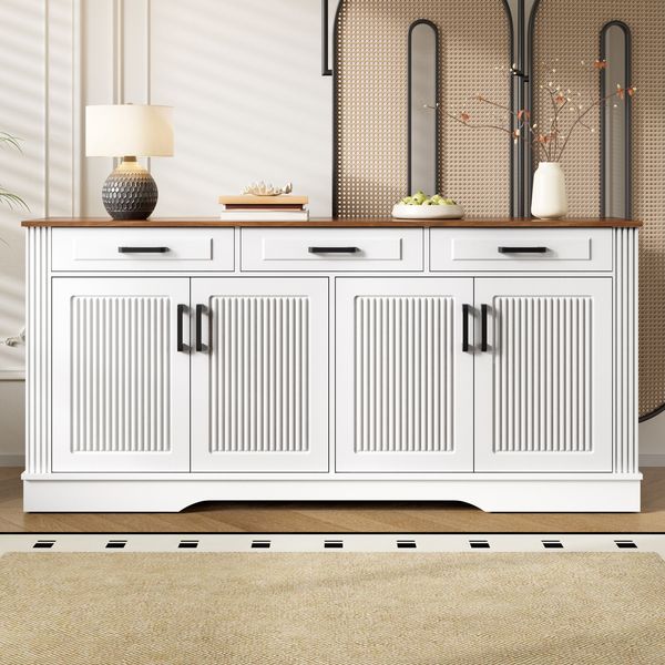 Merax Wohnzimmerschrank, Sideboard, 3D-vertikale Streifen, 3 Schubladen, 4Türen, Korpus aus MDF, Weiß
