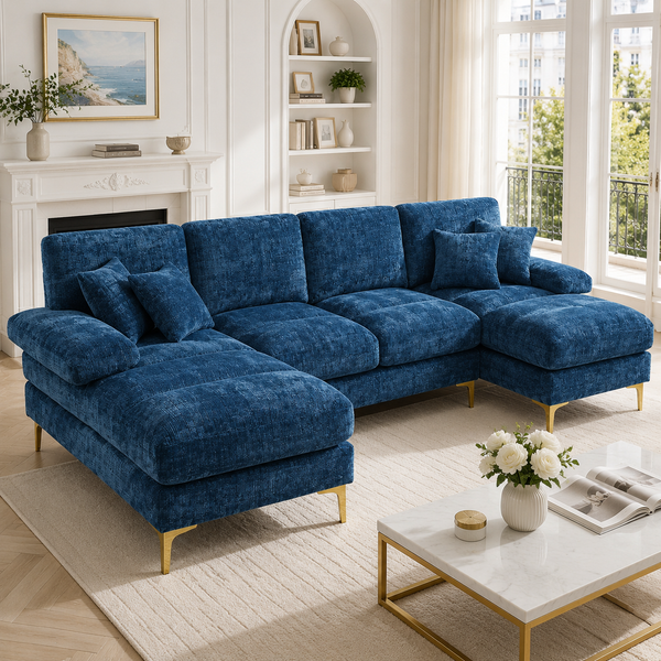 Modernes großes Chenille U-Shape Sektionssofa mit doppelten Liegesitzen, Blau