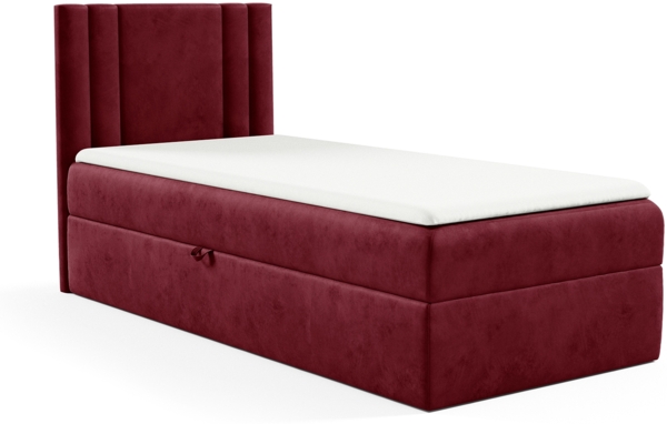 MEBLINI Kinderbett mit Bettkasten CARDI 90x200 Links – H3/Rot Samt Gepolstert Einzelbett mit Matratze - Polsterbett mit Stauraum - Bett mit Kopfteil – Stauraumbett