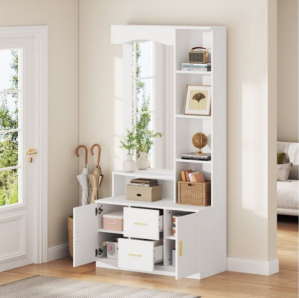 Merax Garderoben-Set mit großem Spiegel, (Diele-Möbel Flurschrank, 1-St, Flurgarderoben Set Scandi, 90×40×180 cm), Kompaktgarderobe mit 2 Schubladen, 2 Schränken und offenen Regalen