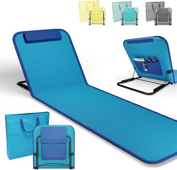 Onbest Bequeme Strandliege 165 cm lang - mit Verstellbarer Rückenlehne und Liegekissen – praktisches Staufach – Strandmatte klappbar – Leichter Transport – inkl. Tragetasche - Strandmatte (Blau)