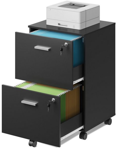 DEVAISE Rollcontainer mit Schubladen, Aktenschrank abschließbar für DIN A4/Legal/Letter, Büroschrank mit Rollen, Druckerständer, Schwarz, 44×40×68 cm