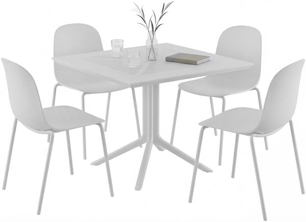 CLP Gartenmöbel-Set Zeron mit 4 Stapelstühlen und quadratischem Esstisch 80x80 cm,weiß