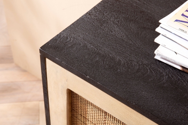 Sideboard 145 x 75 x 40 cm Mango Massivholz / Rattan Kommode mit 2 Türen, Hoher Kommodenschrank Schwarz / Braun, Standschrank Wohnzimmer mit Regal, Anrichte Rohrgeflecht Bild 5