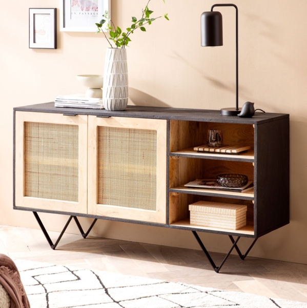 Sideboard 145 x 75 x 40 cm Mango Massivholz / Rattan Kommode mit 2 Türen, Hoher Kommodenschrank Schwarz / Braun, Standschrank Wohnzimmer mit Regal, Anrichte Rohrgeflecht Bild 2