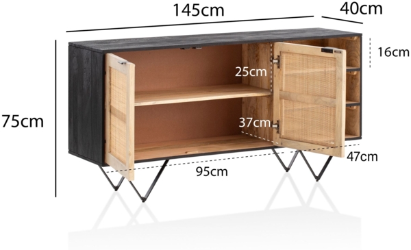 Sideboard 145 x 75 x 40 cm Mango Massivholz / Rattan Kommode mit 2 Türen, Hoher Kommodenschrank Schwarz / Braun, Standschrank Wohnzimmer mit Regal, Anrichte Rohrgeflecht Bild 4