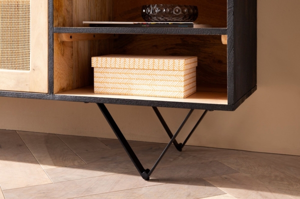 Sideboard 145 x 75 x 40 cm Mango Massivholz / Rattan Kommode mit 2 Türen, Hoher Kommodenschrank Schwarz / Braun, Standschrank Wohnzimmer mit Regal, Anrichte Rohrgeflecht Bild 6