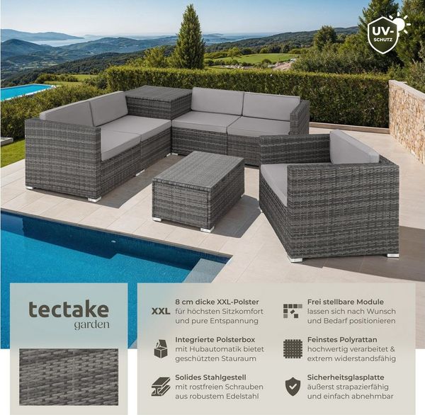 tectake Loungeset Rattan Sitzgruppe mit Sicherheitsglasplatte, für 5 Personen, (Gartenlounge-set Pisa, 7-tlg, geeignet für Outdoor in Grau), widerstandsfähig und UV-beständig, Dicke der Polster 8 cm
