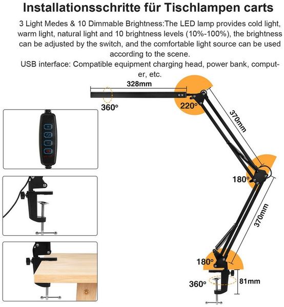 Clanmacy LED Tischleuchte LED Schreibtischlampe 3 Farbe Arbeitslampe Lampe Dimmbar 10W Bettlicht Bild 3