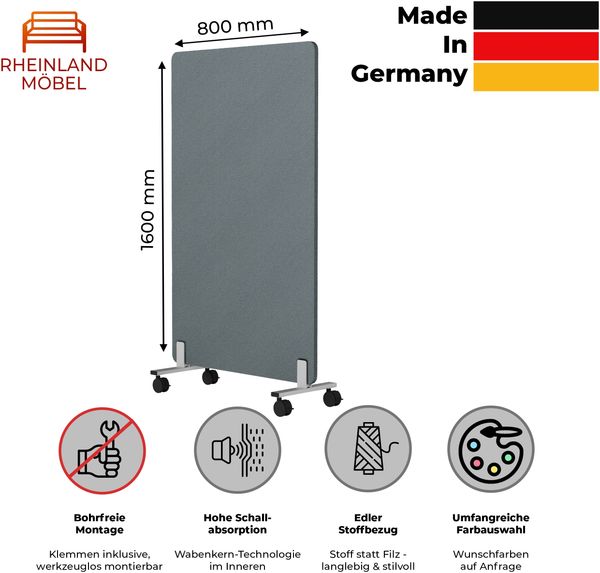 Rheinland Möbel FocusWall STWR0816 – Akustik-Stellwand 800×1600 mm in Stofffarbe Buru inkl. Rollen – Mobile Schreibtisch-Trennwand für Büro & Homeoffice – Schallschutz – Made in Germany Bild 2