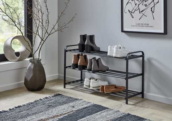 Homes & Jones Schuhregal Manfred 90x49x29 cm aus schwarzem Metall - Regal mit 3 Ebenen für Schuhen - Robust & platzsparend - Schuhregal - Flur, Diele - modern & stilvoll Bild 2