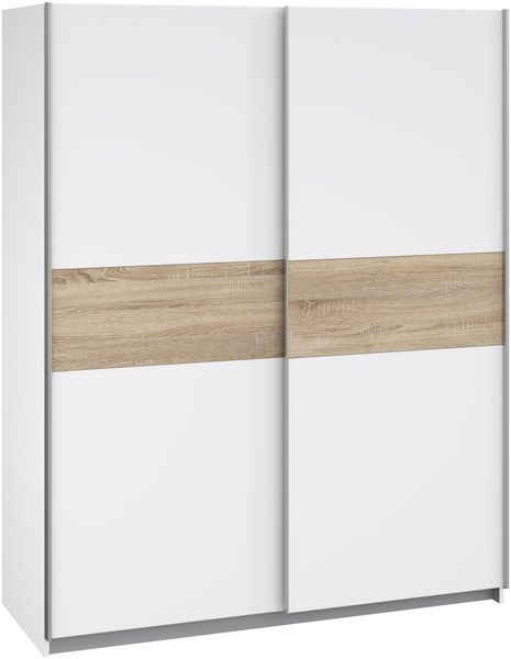 Schiebetürenschrank >WINNER< 2 Böden, 2 Stangen, Weiss / Sonoma Eiche - 150x190,5x61,2cm (BxHxT)