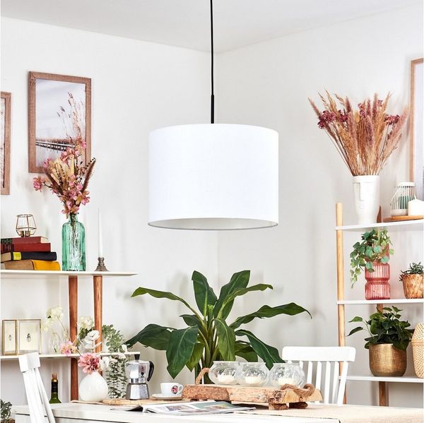 hofstein Hängeleuchte Hängelampe aus Metall/Stoff in Schwarz/Weiß, moderne Pendelleuchte im Retro/Vintage-Design (40cm), E27, Esszimmer