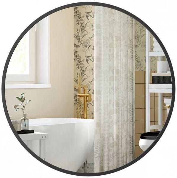 Songmics Wandspiegel mit Metallrahmen, rund, Aluminium tintenschwarz, Ø 50 cm