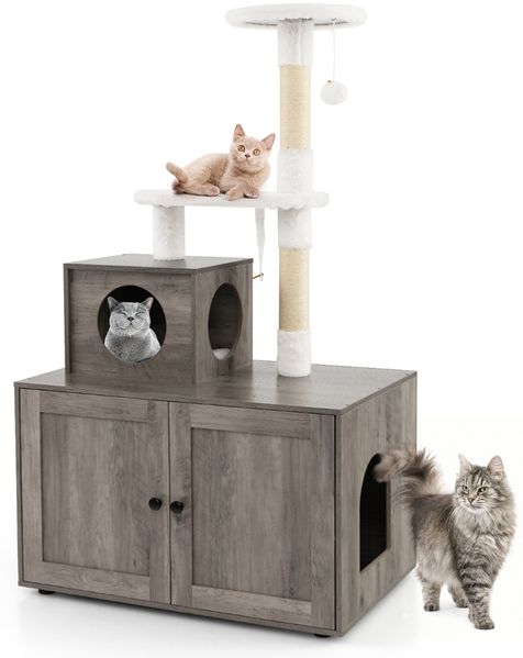Katzenschrank mit Kratzbaum Gehäuse für Katzentoiletten Katzenmöbel Grau Bild 2