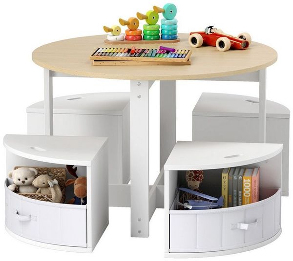 COSTWAY Kindersitzgruppe, (5-tlg), Kinderschreibtisch, 4 Hocker, mit 4 Schubladen
