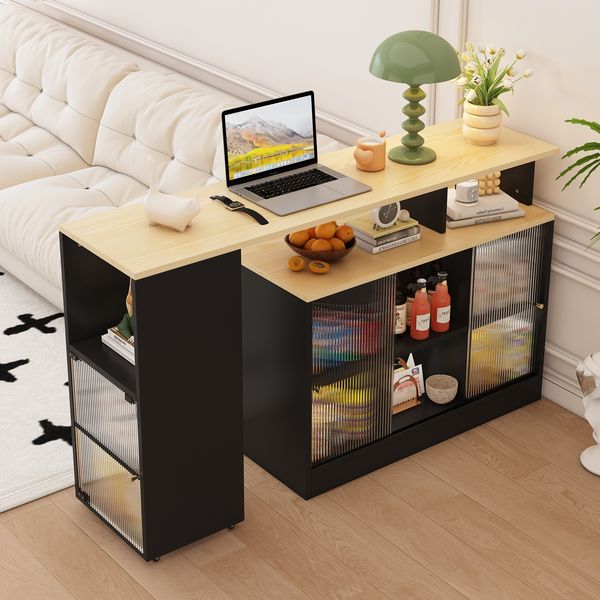MODFU Bartisch 360° Drehung (ausziehbar Stehtisch, Bistrotisch,Hochtisch, 2 Glasschiebetür, 2 Schiebetüren, 1 offenem Fach), Ausziehbarer Bartisch mit Großer Stauraum