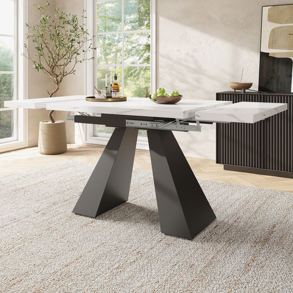 Esstisch 99-159x74x77 cm, ausziehbar, Marmoroptik mit Carbonstahl-Beinen