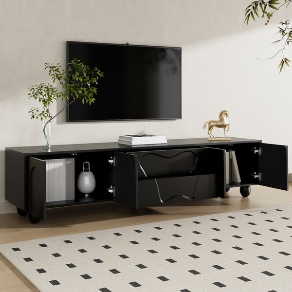 TV-Schrank 180 x 40 x 42 cm in Schwarz, matt, aus PB mit Schubladen und Massivholzbeinen