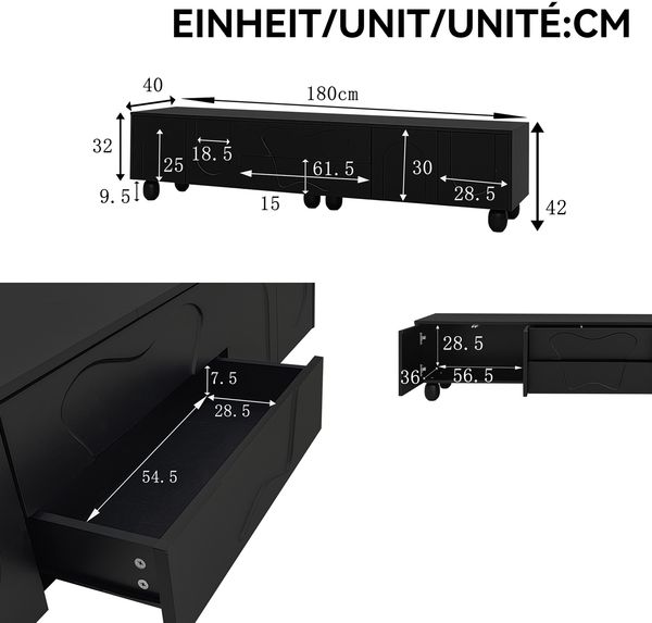 TV-Schrank 180 x 40 x 42 cm in Schwarz, matt, aus PB mit Schubladen und Massivholzbeinen Bild 5