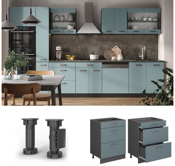 Küchenunterschrank R-Line Blau-Grau 60 cm mit Schubladen, ohne Arbeitsplatte Vicco Bild 2