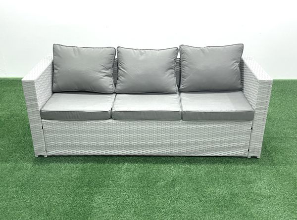 Fimous Rattan Gartenmöbel-Set Outdoor 8 Sitzer mit Esstisch 2 Sesseln 2 Beistelltischen 2 Großer Hockern Hellgrau gemischt Bild 3