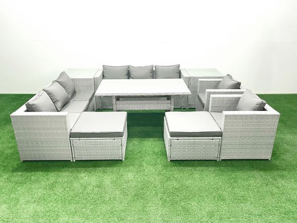 Fimous Rattan Gartenmöbel-Set Outdoor 8 Sitzer mit Esstisch 2 Sesseln 2 Beistelltischen 2 Großer Hockern Hellgrau gemischt
