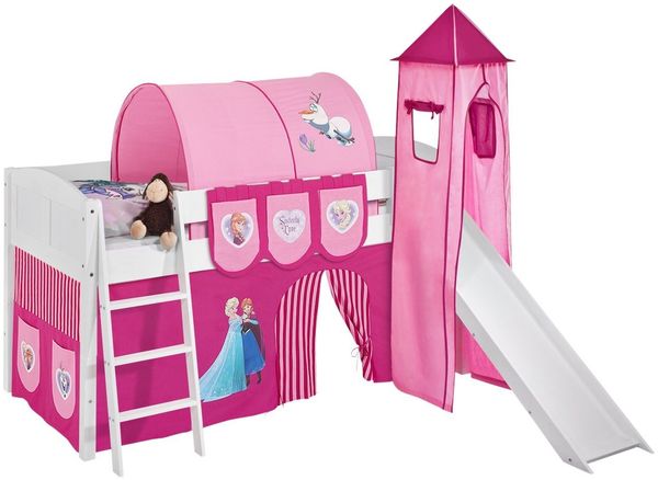 Lilokids 'Ida 4106' Spielbett 90x200 cm, Eiskönigin Rosa, Kiefer massiv, mit Turm, Rutsche und Vorhang