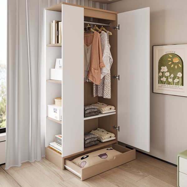 Kleiderschrank 70x40x170 cm in Naturholzfarbe/Weiß mit Einlegeböden und Schubladen