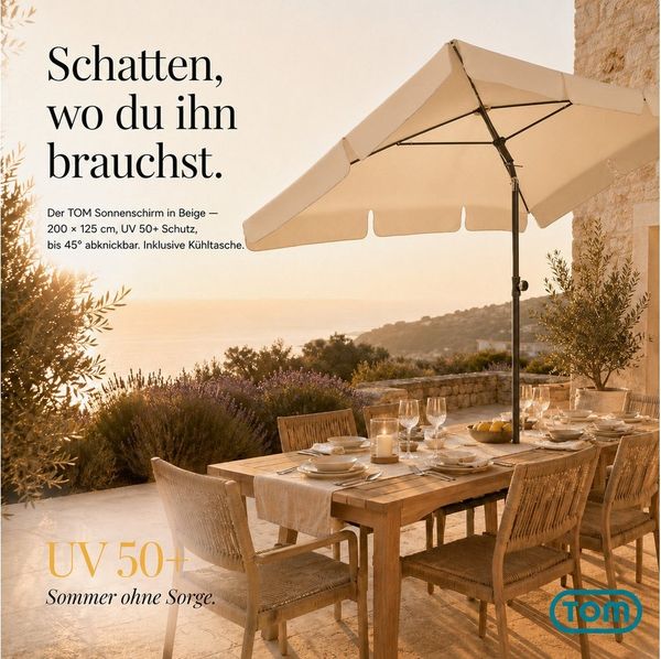 TOM Sonnenschirm 125x200 cm inklusive Kühltasche und Tragetasche, abknickbar, UV-Schutz: 50+, 180 g/m² Polyester