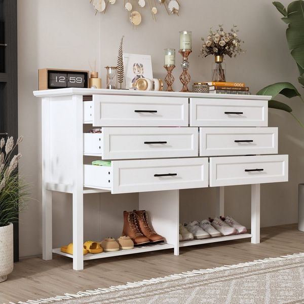 FUFU&GAGA Kommode 6-Schubladen-Schrank mit Schuhregal,140 x 90 x 40 cm, weiß, MDF