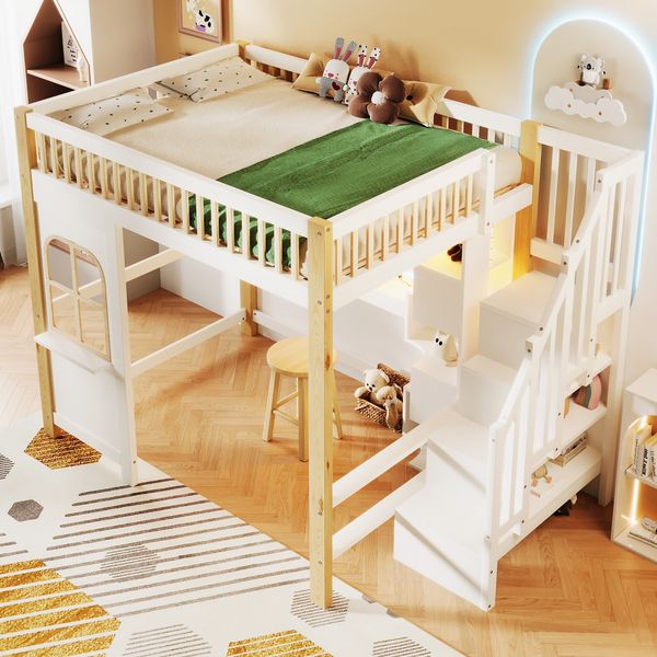 Hochbett 140 × 200 cm aus Kiefernholz mit Spielhaus-Unterbau, LED-Leiste und Stauraumleiter, weiß-natur