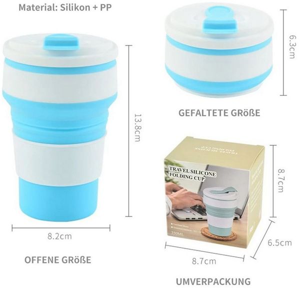 König Design Thermobecher Faltbecher 350ml, Silikon, Zusammenklappbar, BPA-frei, Reisebecher für Kaffee