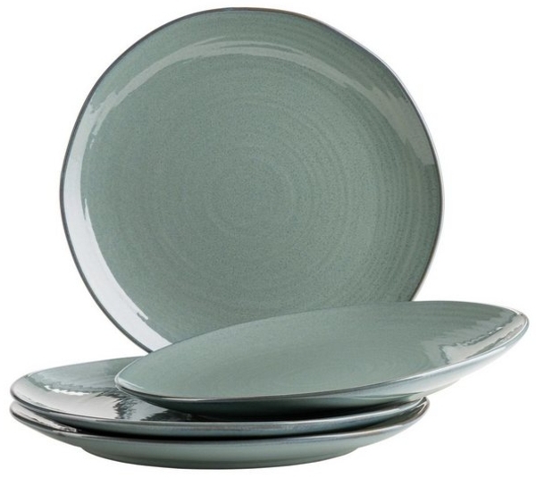 4er Teller Set mit filigranem Linienspiel und edler Glasur, Speiseteller aus Keramik in modernem Vintage Look; Türkis / Grün Bild 4