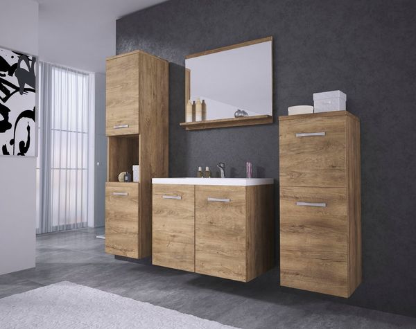 welltime Badmöbel-Set PARLA, (Komplett-Set, 5-St), Waschtisch inkl. Waschbecken, Spiegel, Hochschrank und Hängeschrank
