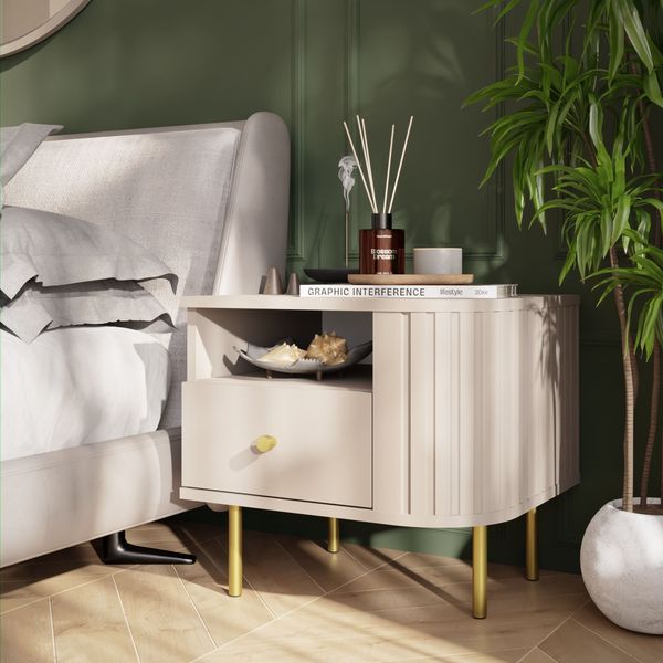Ovalio Nachttisch Typ 801 Nachtschrank 48 cm Schlafzimmer Konsole Anrichte Modern Farbwahl Sandbeige, Cremona-Eiche und Dunin-Eiche