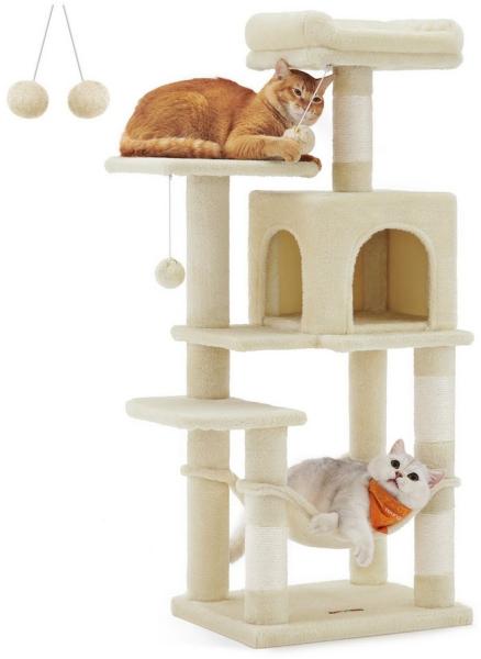 Feandrea Kratzbaum, 143 cm hoch, Katzenbaum, mehrstöckiges Katzenhaus, mit 4 Kratzsäulen, 2 Plattformen, Hängematte, Höhle, beige PCTDE161M01