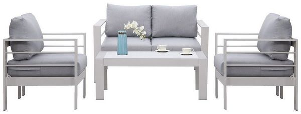 MeXo Gartenlounge-Set Aluminium Gartenmöbel Set Klein 4 Personen wetterfest, (Balkonlounge Outdoor, 12cm Deluxe Relax-Sitzkissen, 4-tlg, Belastbarkeit pro Sitzplatz 140kg), Balkonmöbel-Set für kleinen Balkon, Luxus Relax, Tischplatte aus WPC