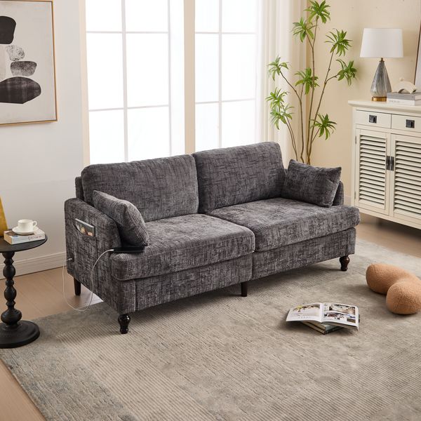 Sofa 175x83x78 cm, 2‑sitzig, Grau, Chenille, mit USB-Anschluss und stimmungsvollem LED-Licht